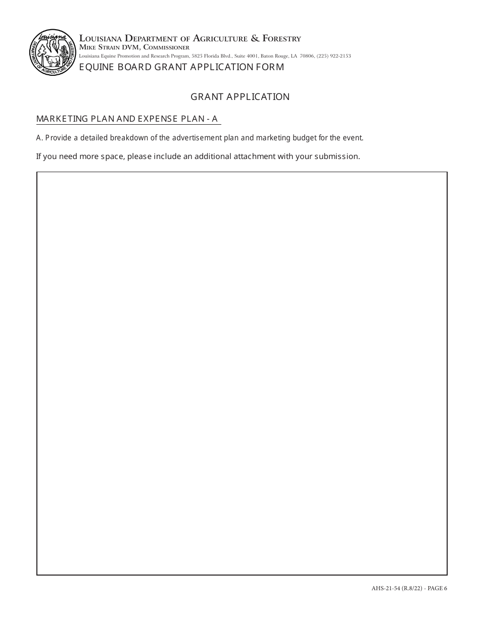 Form AHS-21-54 Equine Board Grant Application Form - Louisiana, Page 6