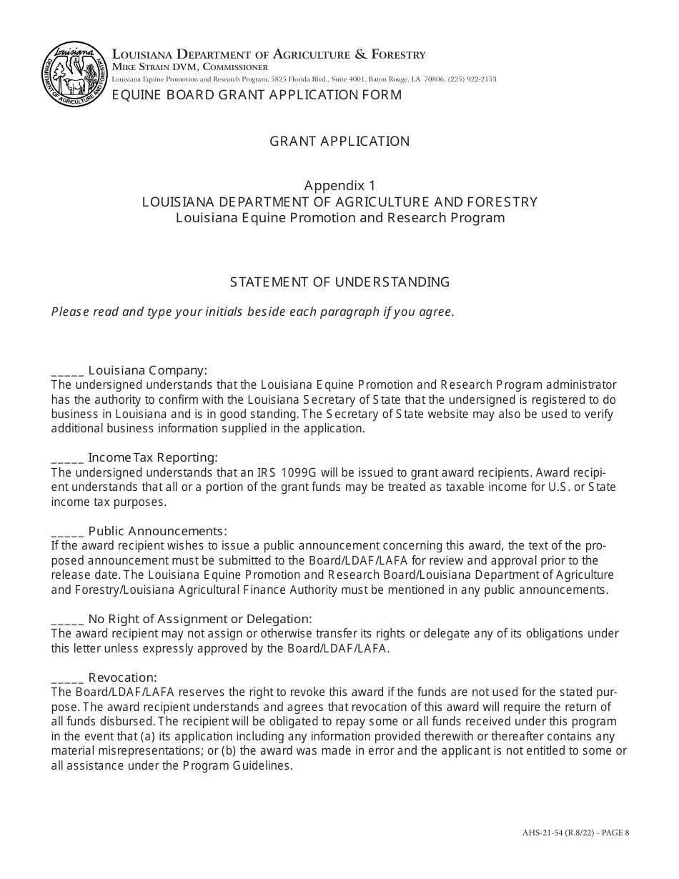 Form AHS-21-54 Equine Board Grant Application Form - Louisiana, Page 8