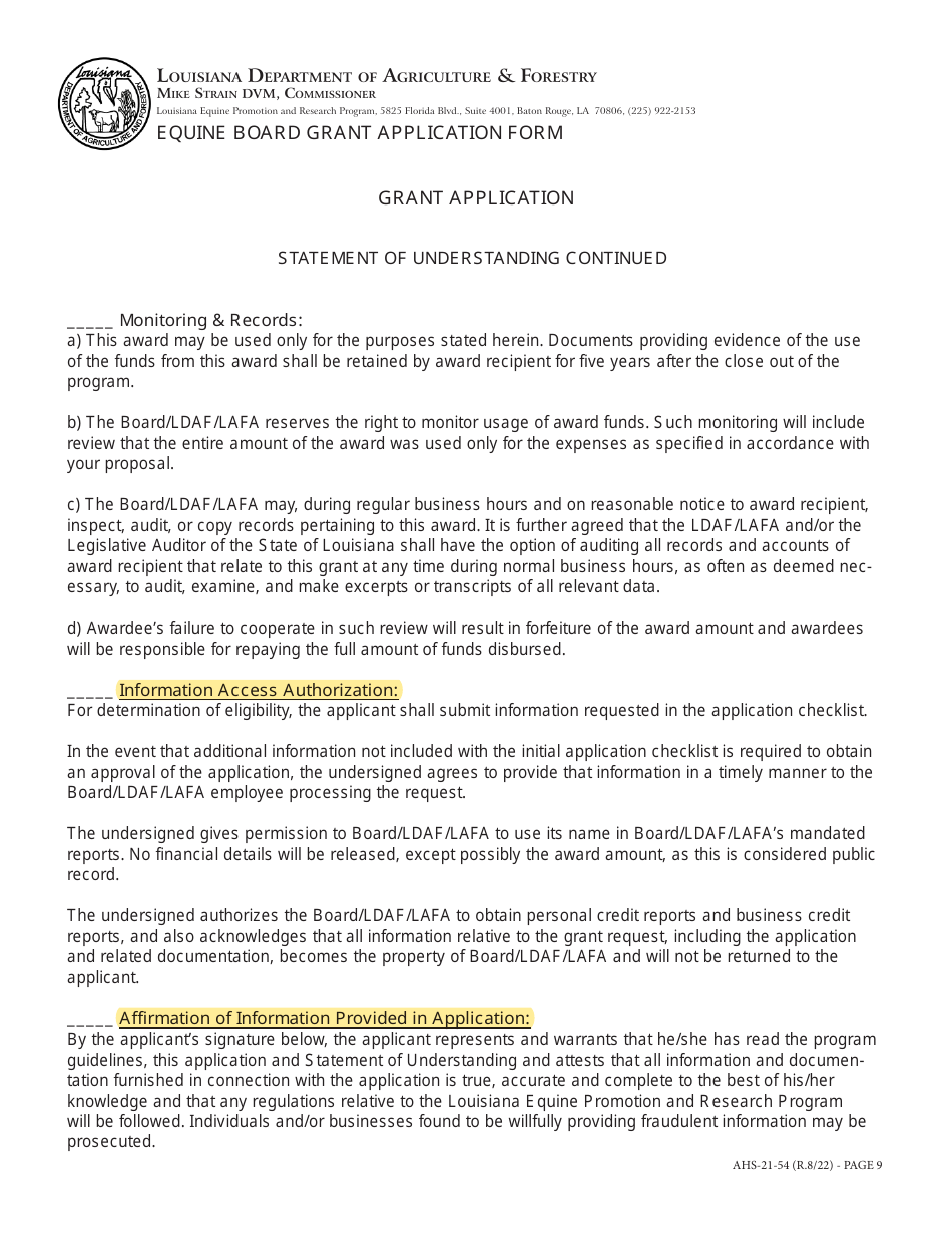 Form AHS-21-54 Equine Board Grant Application Form - Louisiana, Page 9