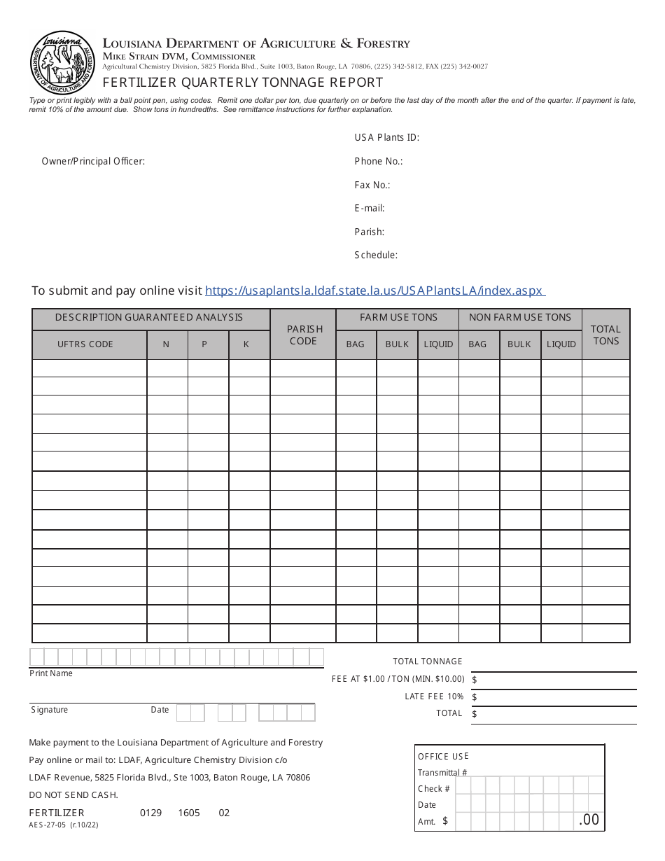 Form AES-27-05 Fertilizer Quarterly Tonnage Report - Louisiana, Page 1