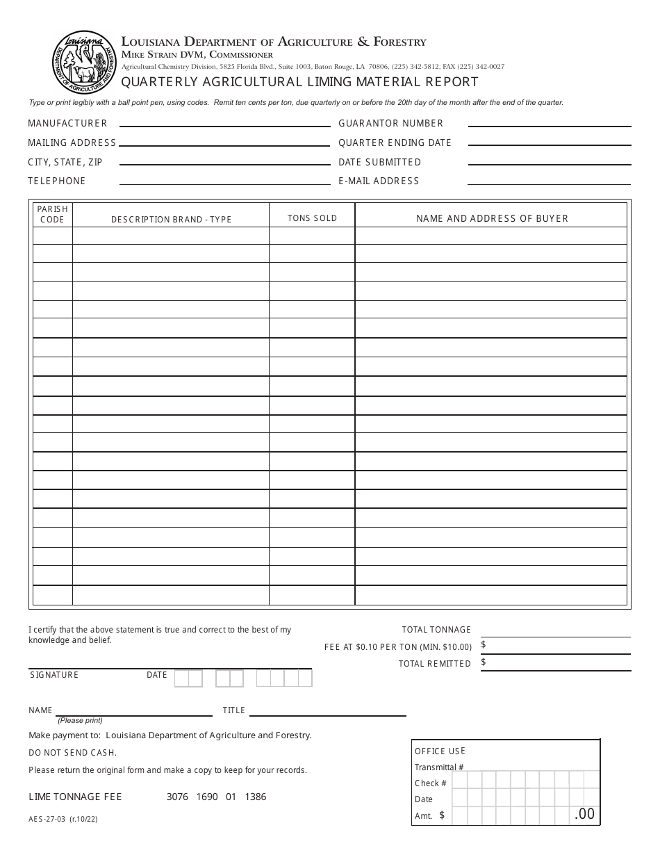 Form AES-27-03 Quarterly Agricultural Liming Material Report - Louisiana, Page 1