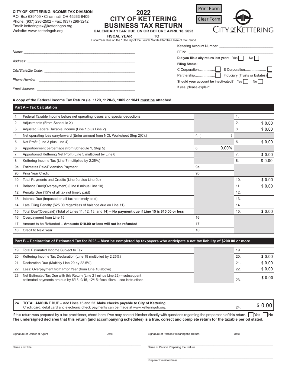 Form KBR-1040 Business Tax Return - City of Kettering, Ohio, Page 1