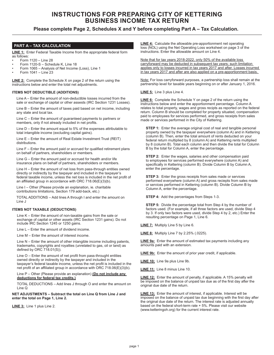 Instructions for Form KBR-1040 Business Tax Return - City of Kettering, Ohio, Page 1