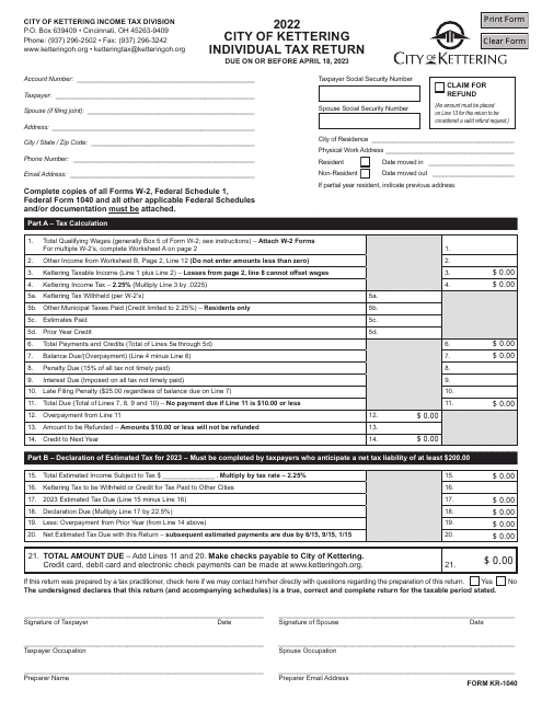 Form KR-1040 Individual Income Tax Return - City of Kettering, Ohio, 2022