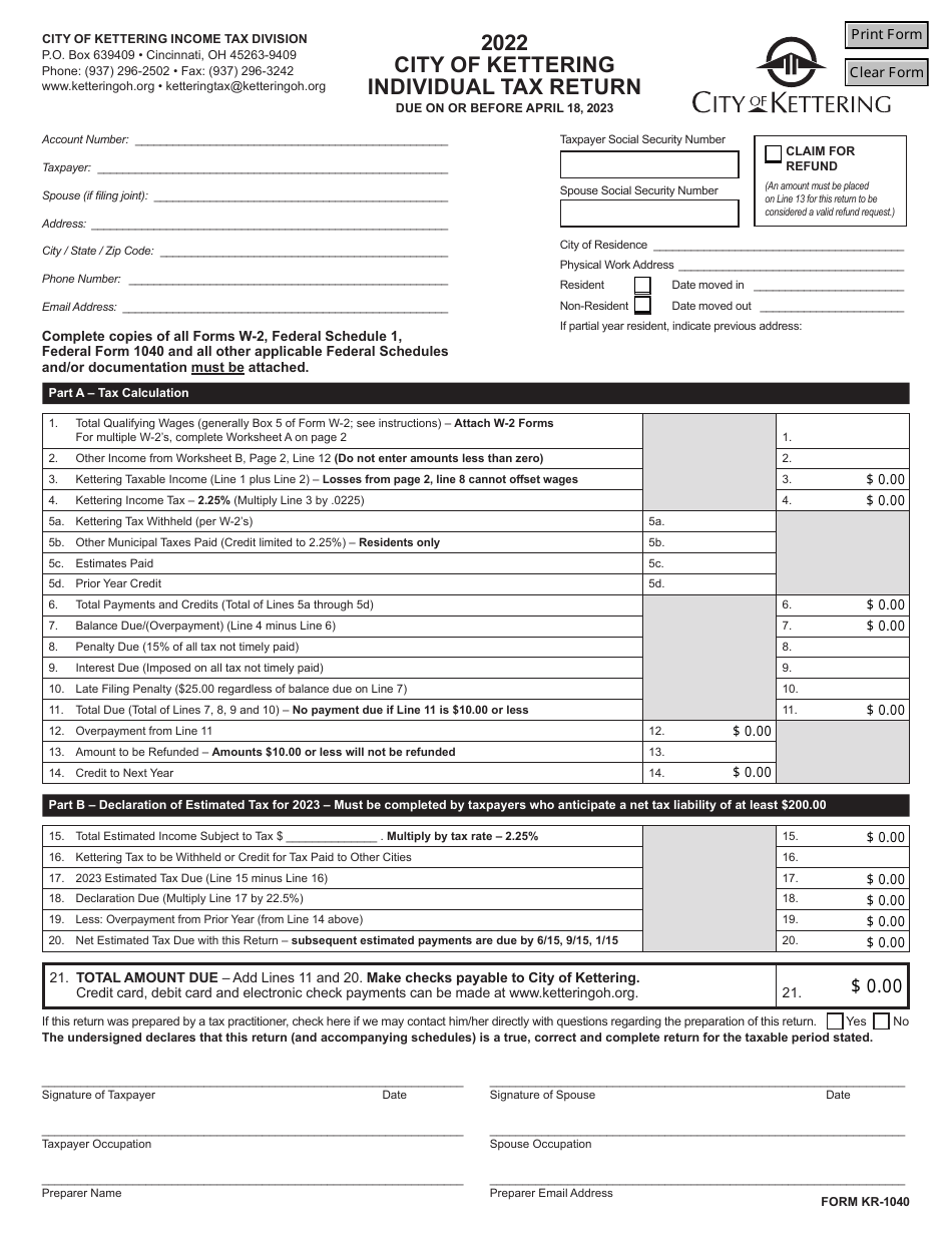 Form KR-1040 Individual Income Tax Return - City of Kettering, Ohio, Page 1
