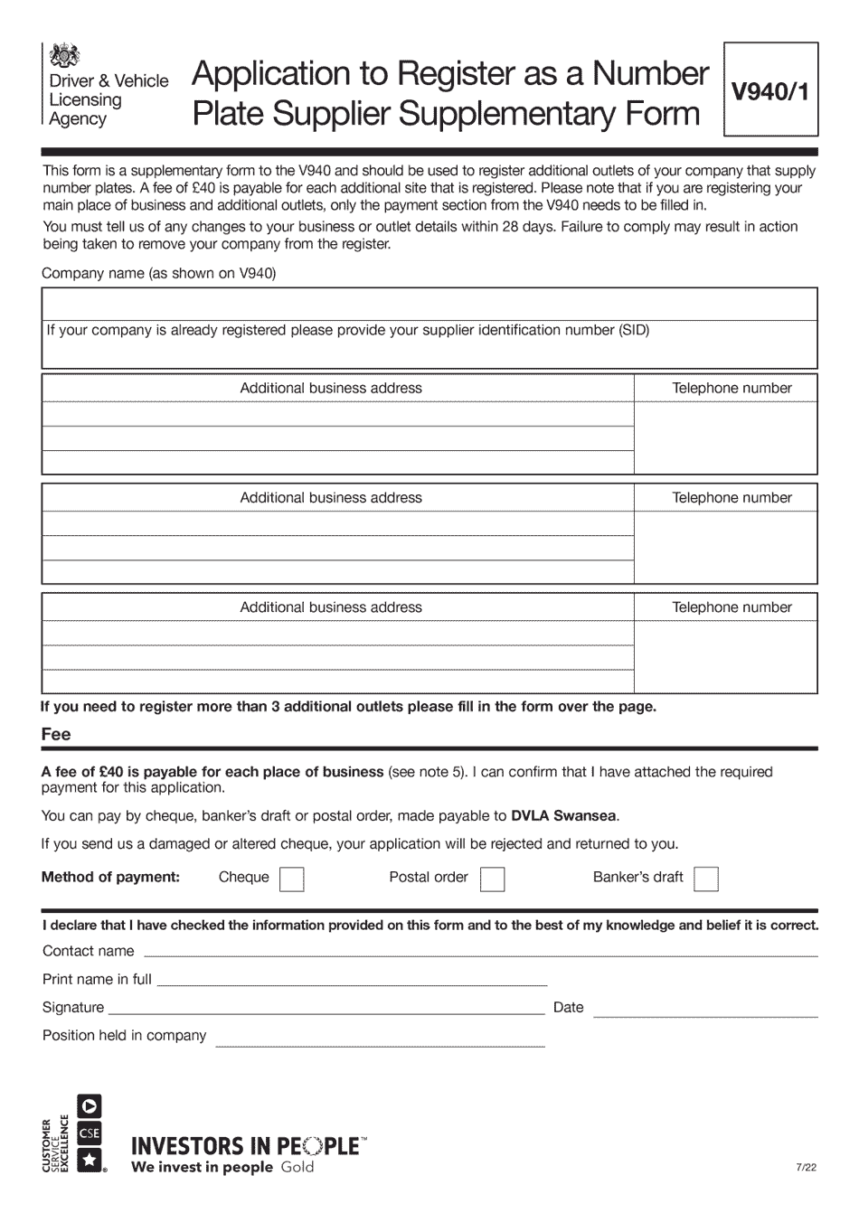 Form V940 / 1 Application to Register as a Number Plate Supplier Supplementary Form - United Kingdom, Page 1