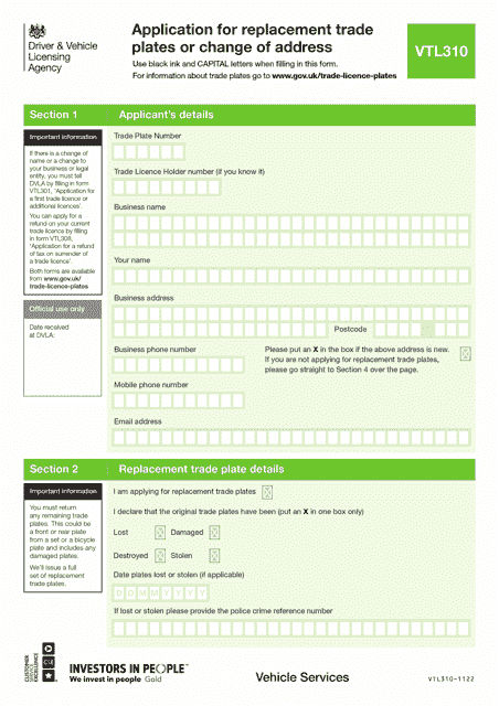 Form VTL310 Application for Replacement Trade Plates or Change AF Adress - United Kingdom