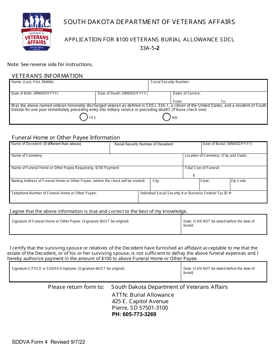 SDDVA Form 4 Application for $100 Veterans Burial Allowance - South Dakota, Page 1
