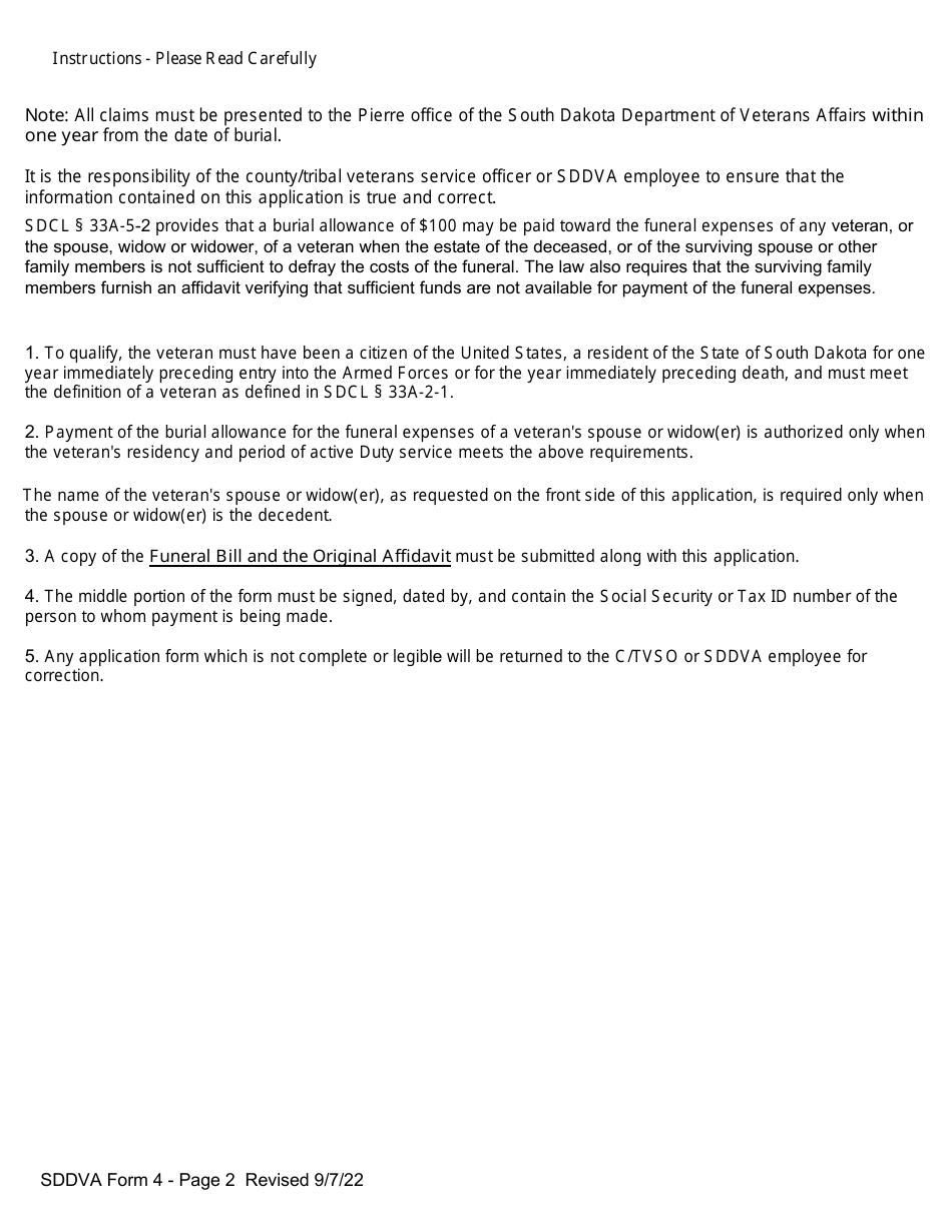 SDDVA Form 4 Application for $100 Veterans Burial Allowance - South Dakota, Page 2