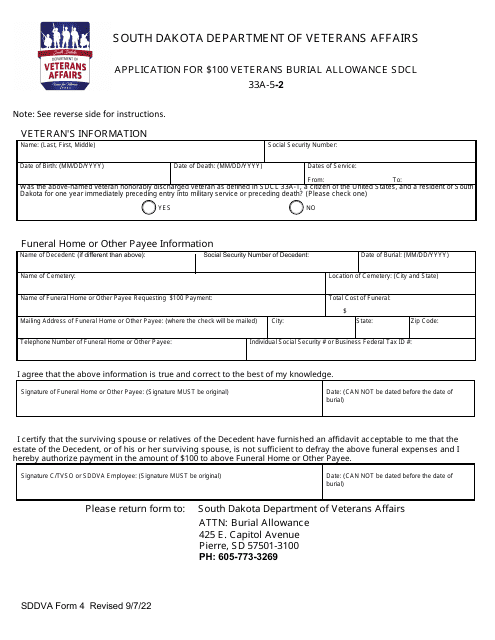 SDDVA Form 4 Application for $100 Veterans Burial Allowance - South Dakota