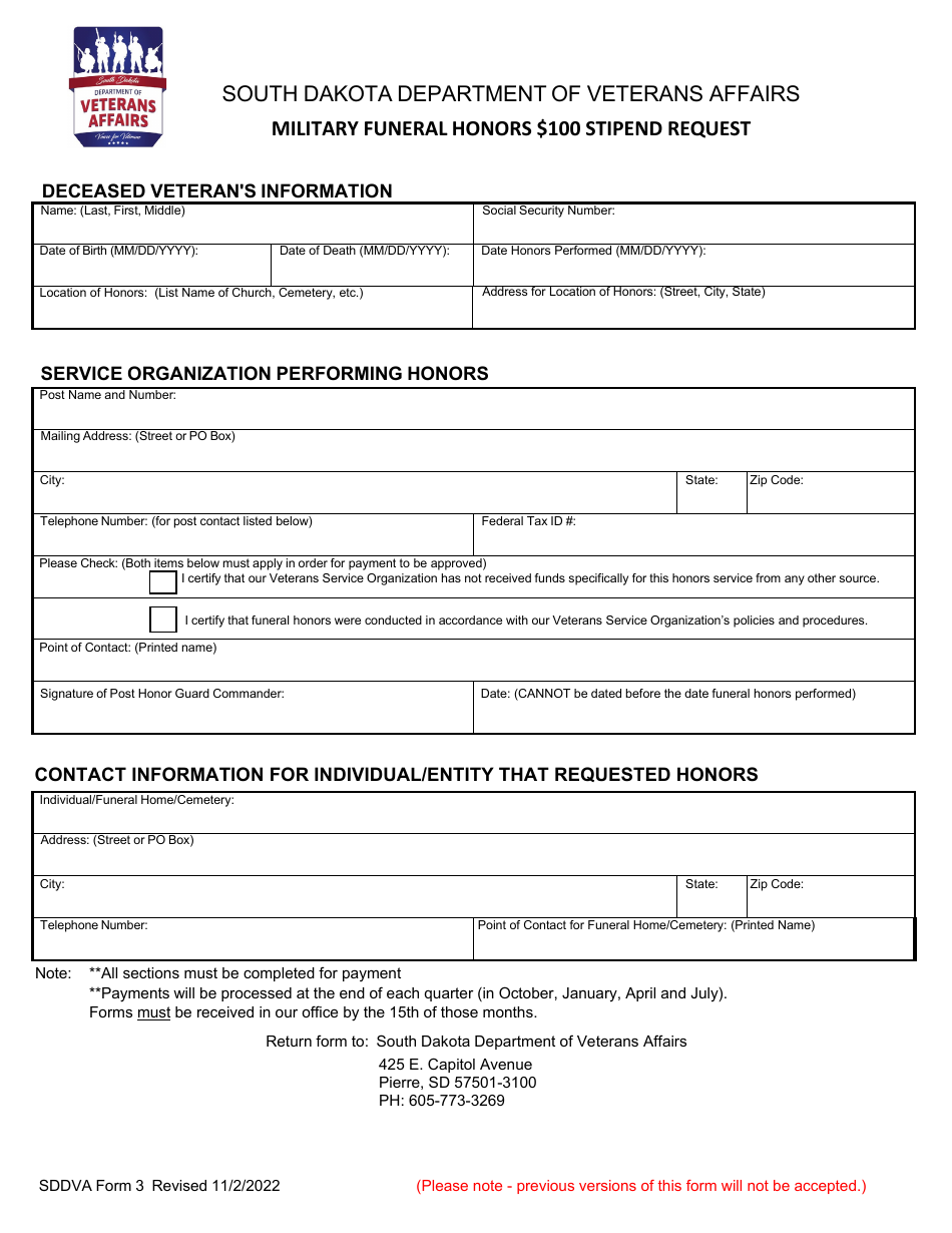 SDDVA Form 3 Military Funeral Honors $100 Stipend Request - South Dakota, Page 1