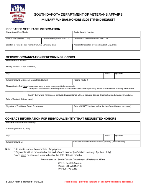SDDVA Form 3 Military Funeral Honors $100 Stipend Request - South Dakota