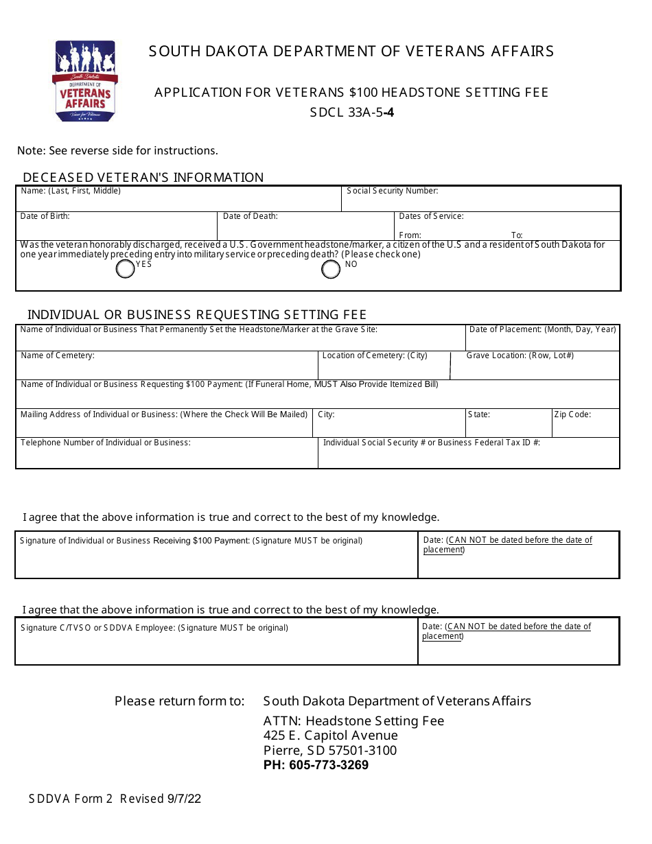 SDDVA Form 2 Application for Veterans $100 Headstone Setting Fee - South Dakota, Page 1