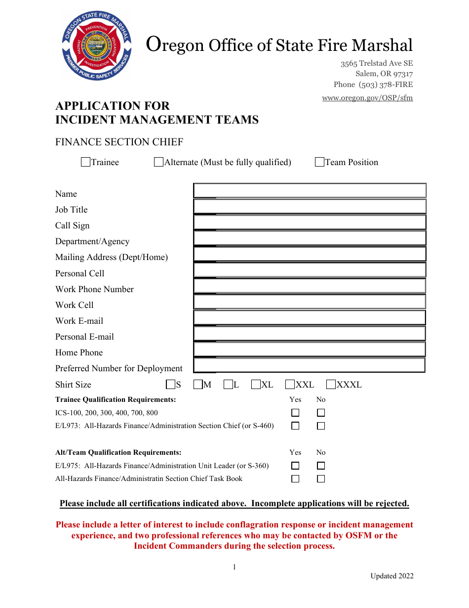Application for Incident Management Teams - Finance Section Chief - Oregon, Page 1