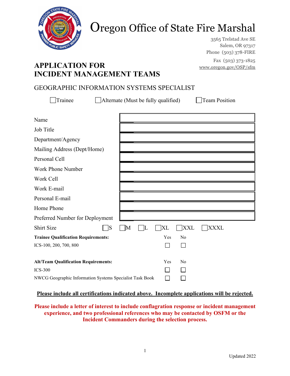 Application for Incident Management Teams - Geographic Information Systems Specialist - Oregon, Page 1