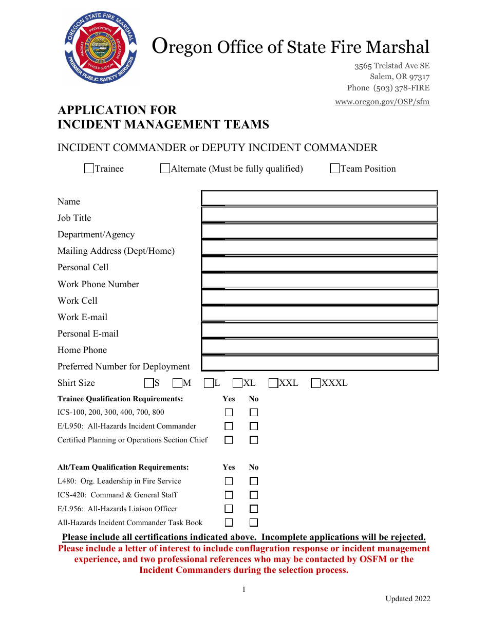 Application for Incident Management Teams - Incident Commander or Deputy Incident Commander - Oregon, Page 1