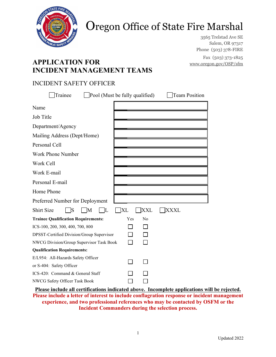 Application for Incident Management Teams - Incident Safety Officer - Oregon, Page 1