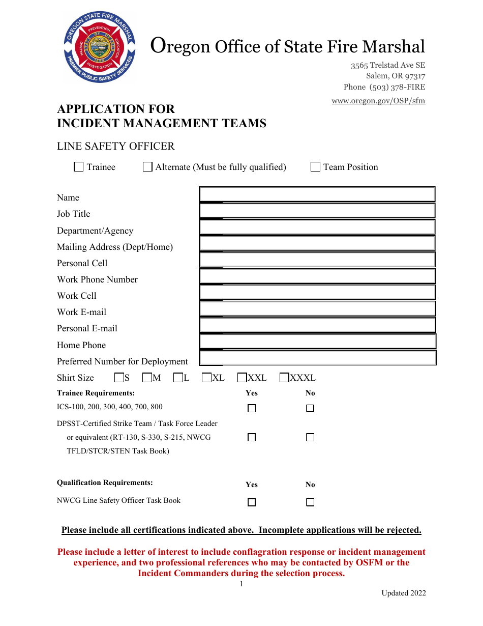 Application for Incident Management Teams - Line Safety Officer - Oregon, Page 1