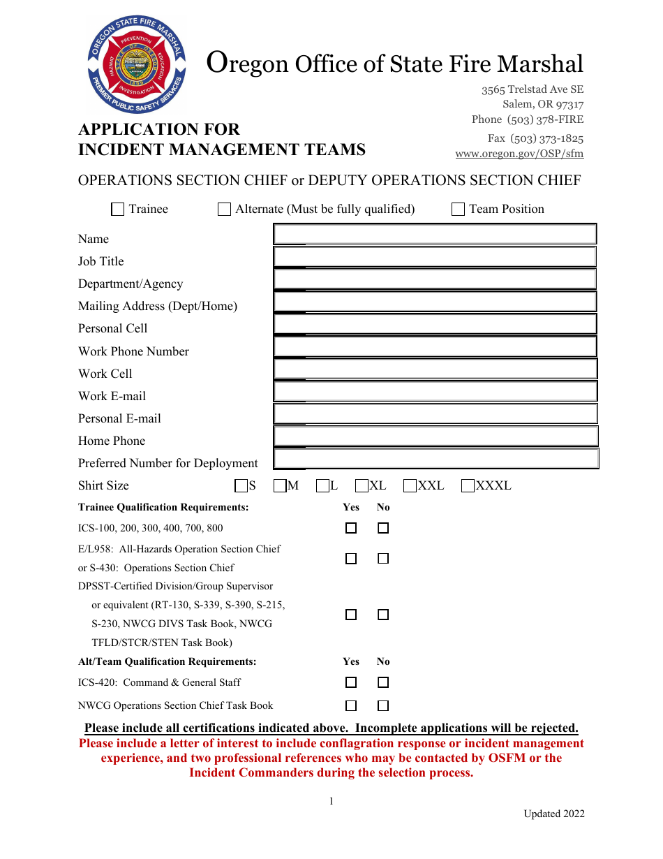 Application for Incident Management Teams - Operations Section Chief or Deputy Operations Section Chief - Oregon, Page 1