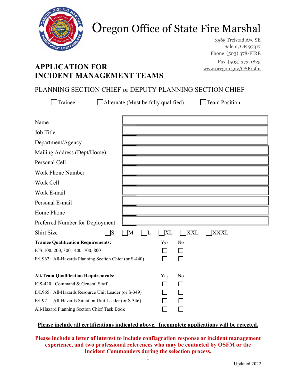 Application for Incident Management Teams - Planning Section Chief or Deputy Planning Section Chief - Oregon, Page 1