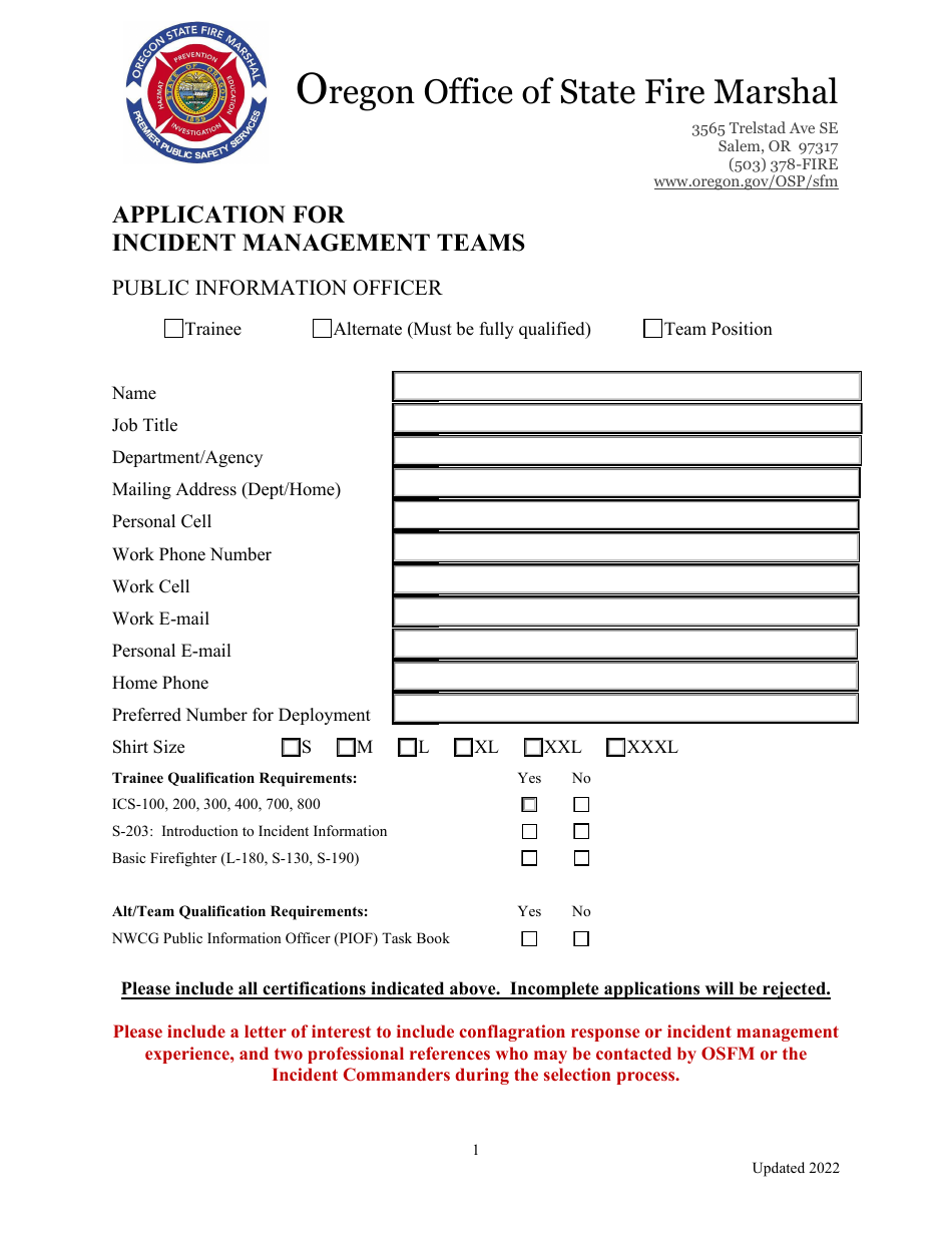 Application for Incident Management Teams - Public Information Officer - Oregon, Page 1