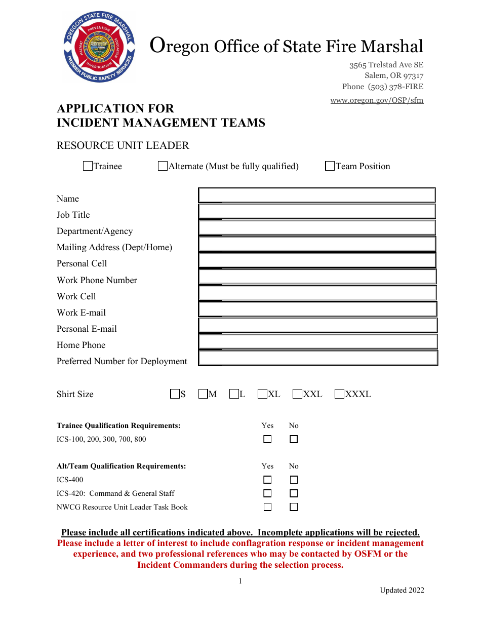 Application for Incident Management Teams - Resource Unit Leader - Oregon, Page 1