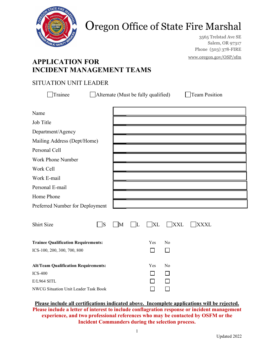 Application for Incident Management Teams - Situation Unit Leader - Oregon, Page 1