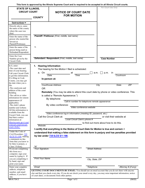 Form MN-N704.5 Notice of Court Date for Motion - Illinois