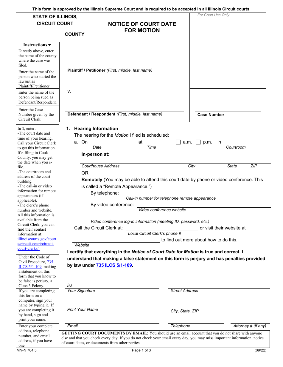Form MN-N704.5 Notice of Court Date for Motion - Illinois, Page 1