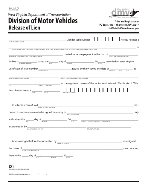 Form DMV-12-A-TR Release of Lien - West Virginia