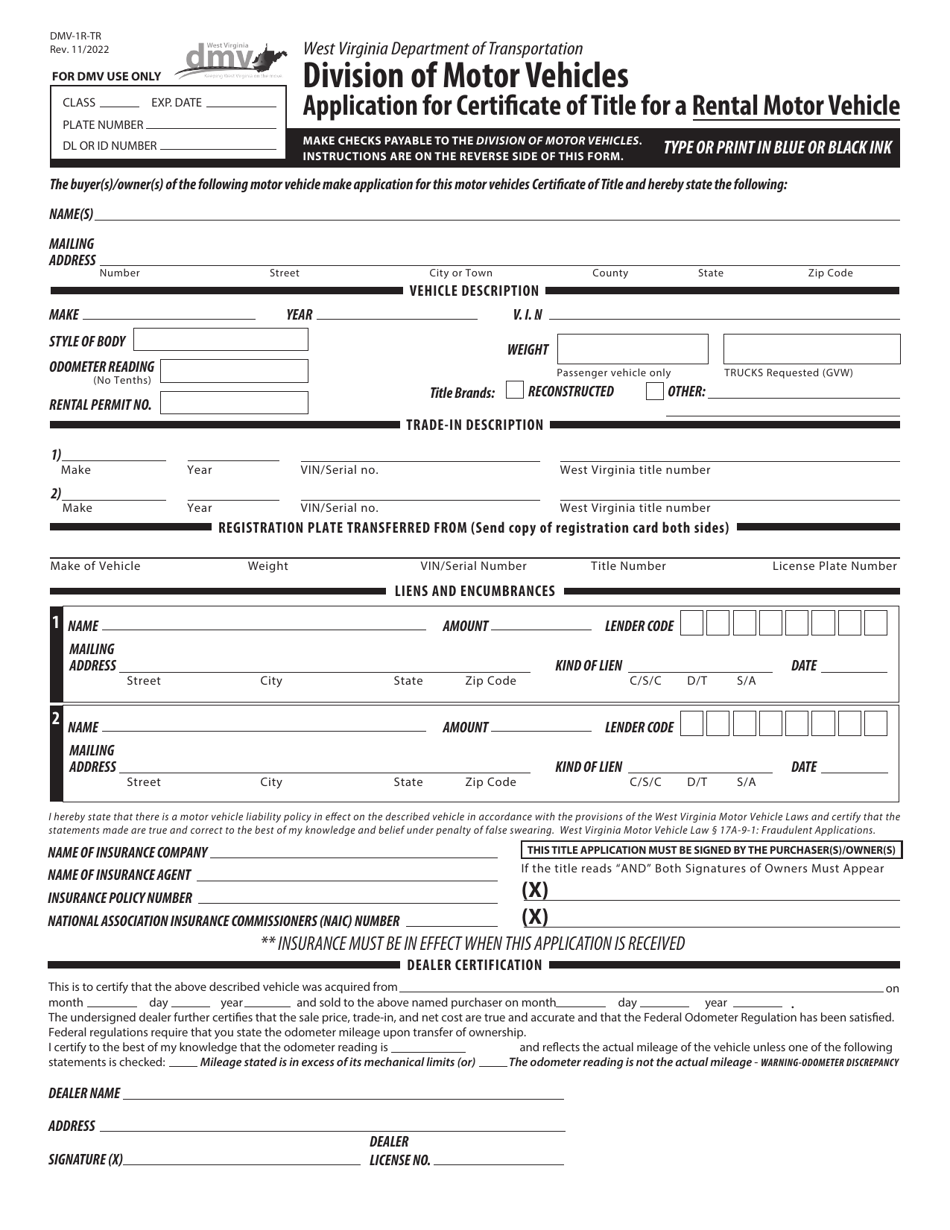 Form DMV-1R-TR Application for Certificate of Title for a Rental Motor Vehicle - West Virginia, Page 1