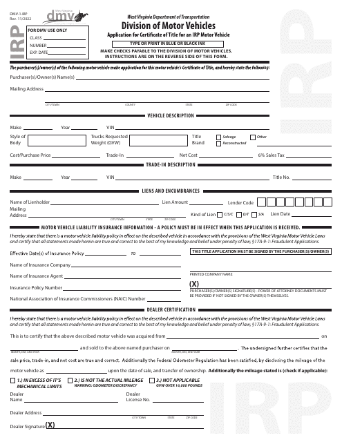 Form DMV-1-IRP  Printable Pdf