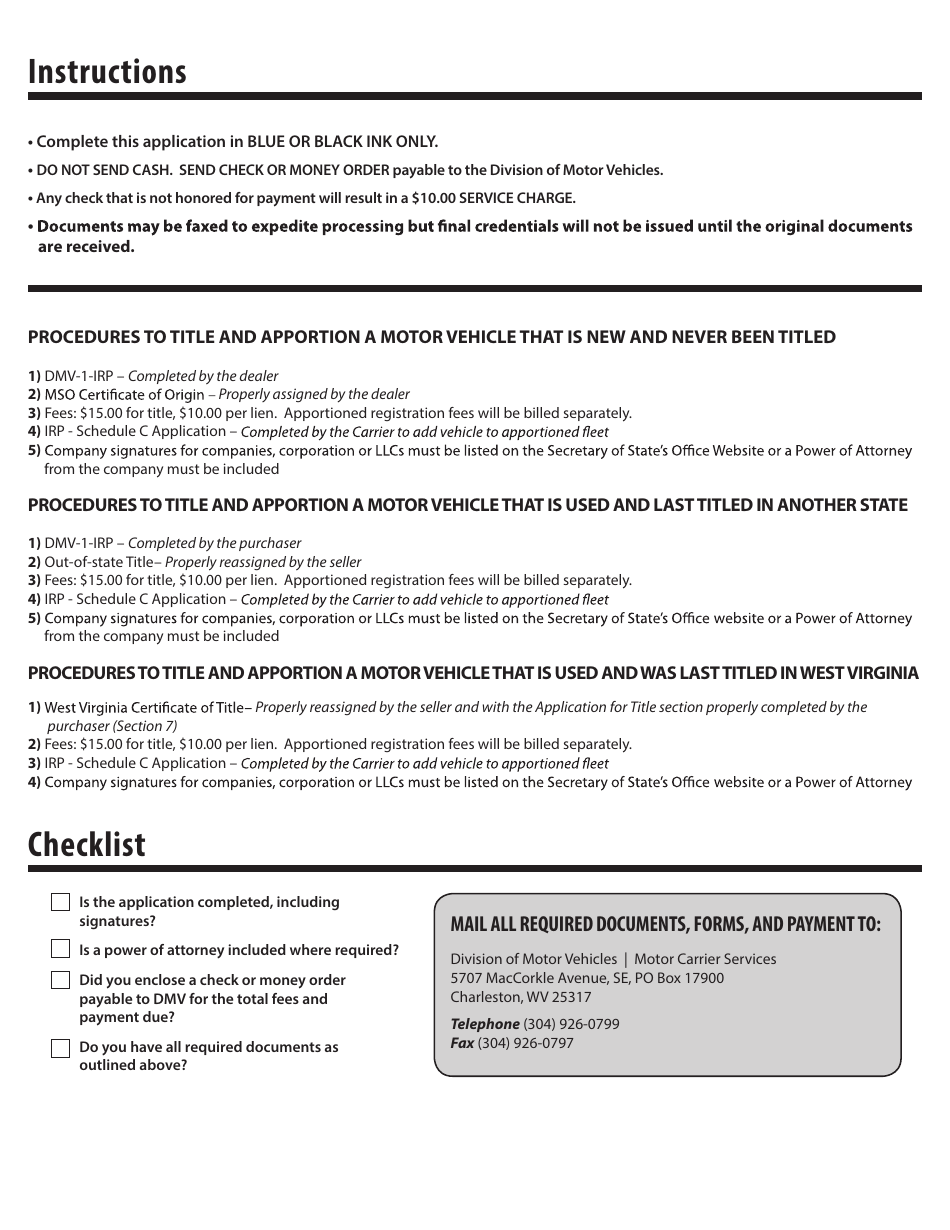 Form DMV-1-IRP Application for Certificate of Title for an Irp Motor Vehicle - West Virginia, Page 2