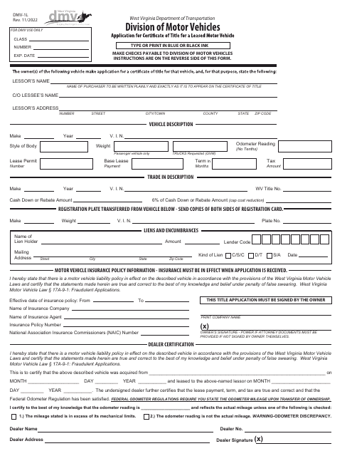 Form DMV-1L Application for Certificate of Title for a Leased Motor Vehicle - West Virginia