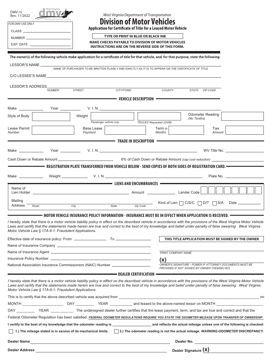 Form DMV-1L Application for Certificate of Title for a Leased Motor Vehicle - West Virginia, Page 1