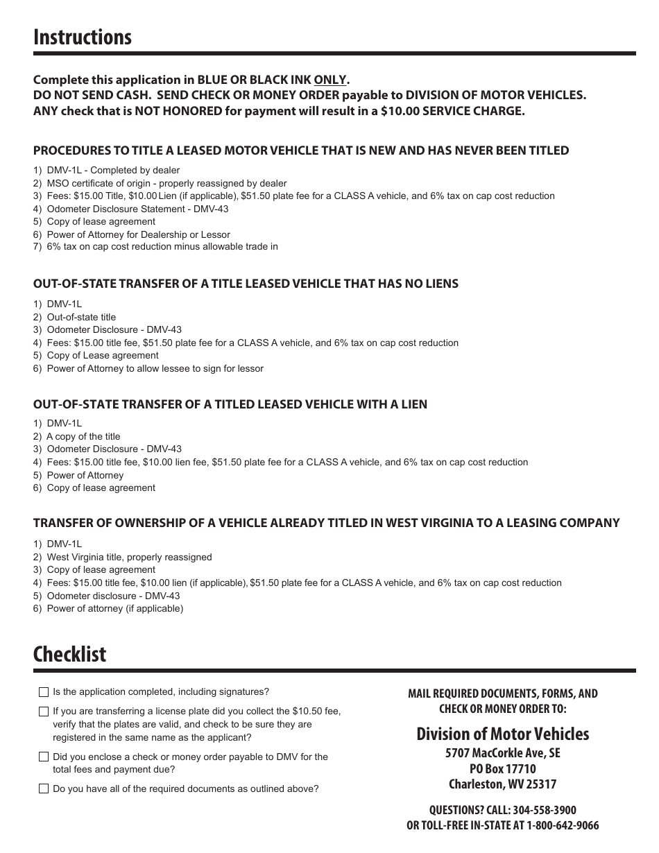 Form DMV-1L Application for Certificate of Title for a Leased Motor Vehicle - West Virginia, Page 2