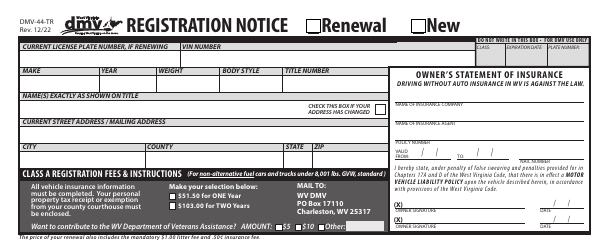 Document preview: Form DMV-44-TR Registration Notice - Renewal or New - West Virginia