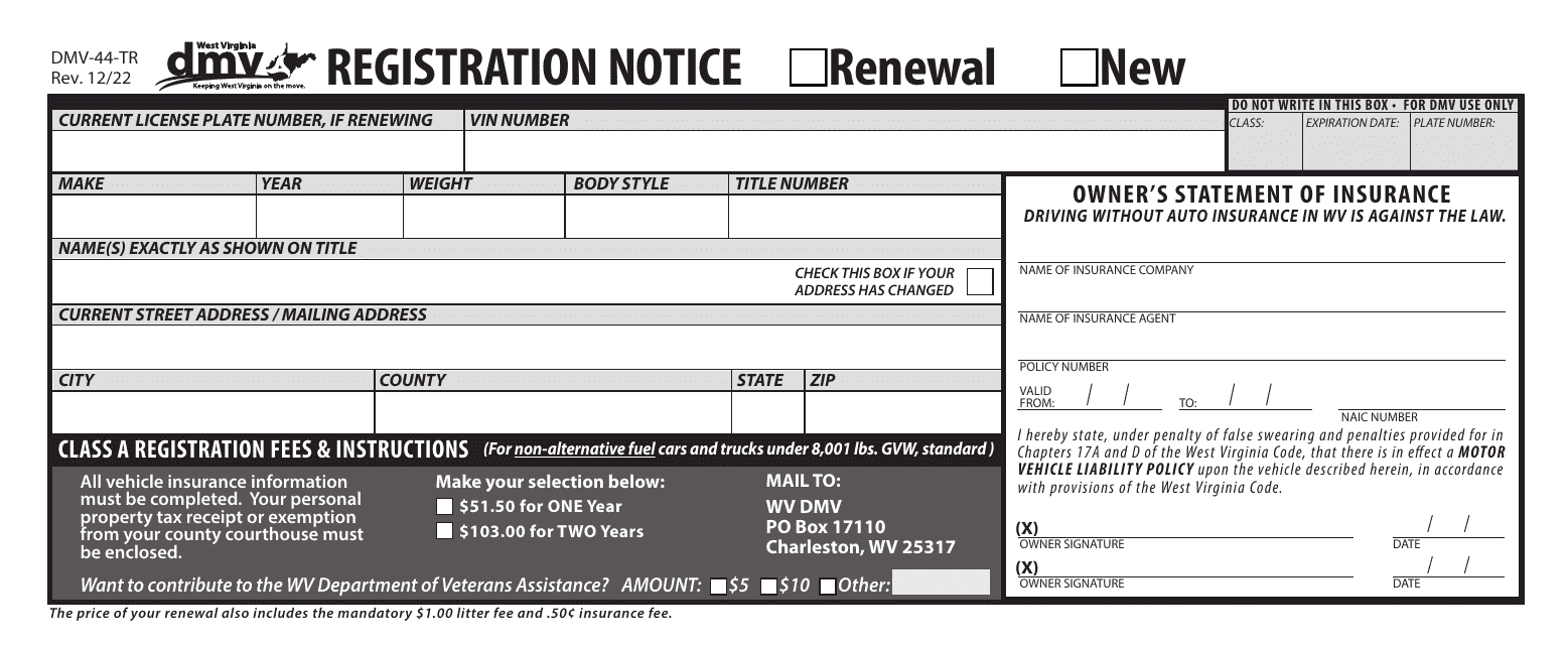 Form DMV-44-TR Registration Notice - Renewal or New - West Virginia