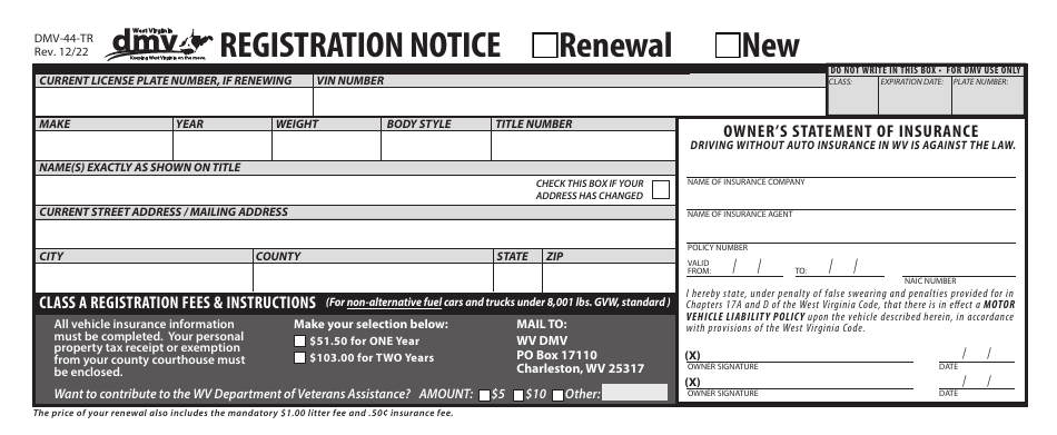 Form DMV-44-TR Registration Notice - Renewal or New - West Virginia, Page 1