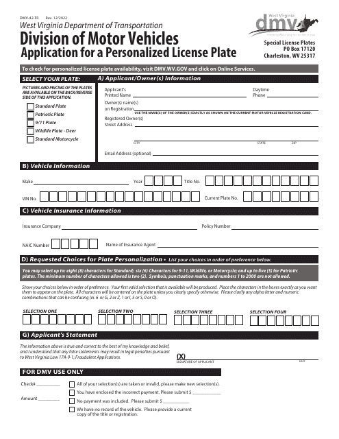Form DMV-42-TR Application for a Personalized License Plate - West Virginia