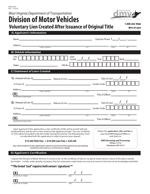 Form DMV84-A Voluntary Lien Created After Issuance of Original Title - West Virginia