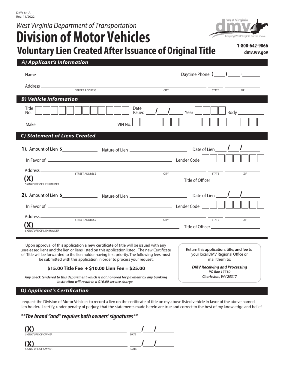 Form Dmv84 A Fill Out Sign Online And Download Fillable Pdf West Virginia Templateroller 8087