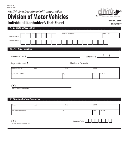 Form DMV-85-A Individual Lienholder's Fact Sheet - West Virginia