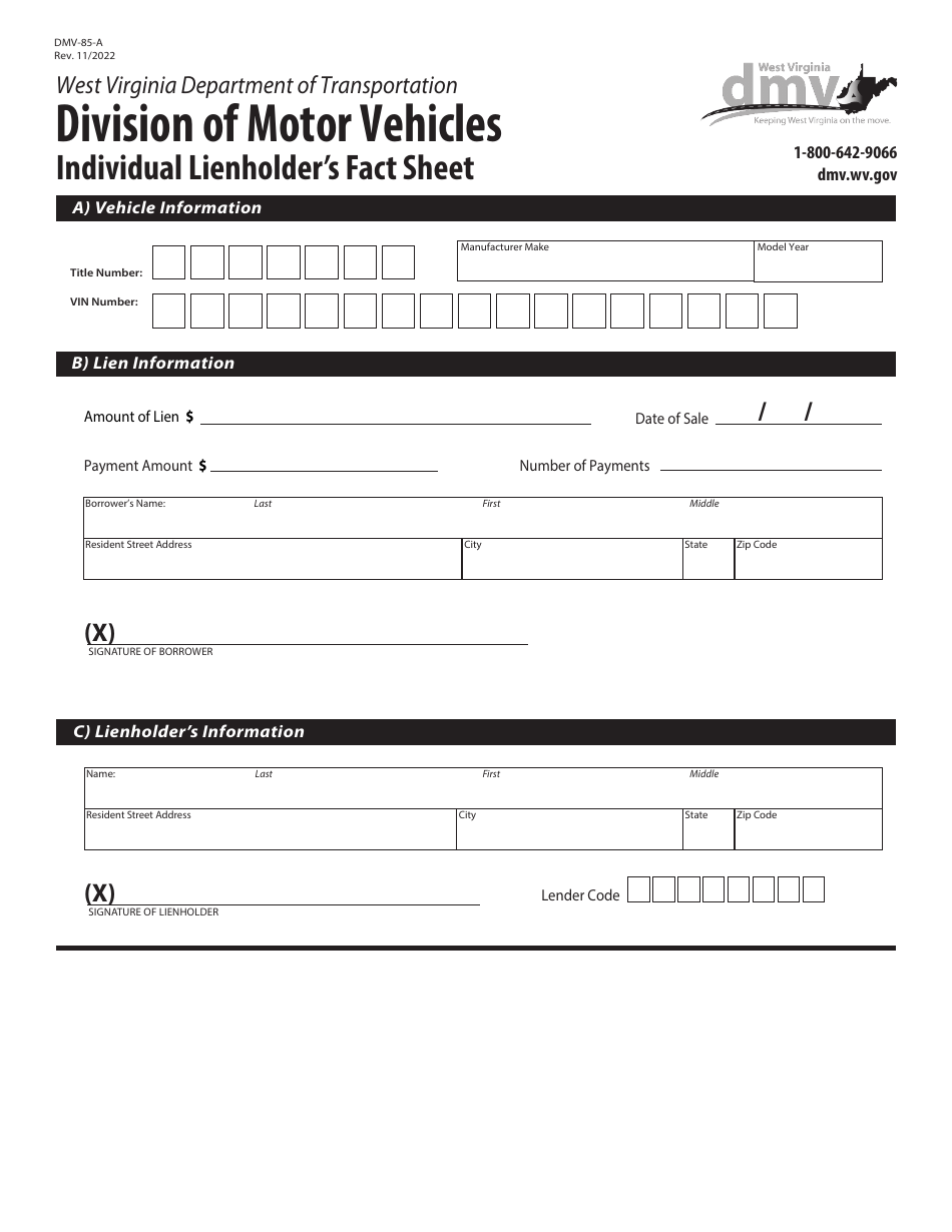Form DMV-85-A Individual Lienholders Fact Sheet - West Virginia, Page 1