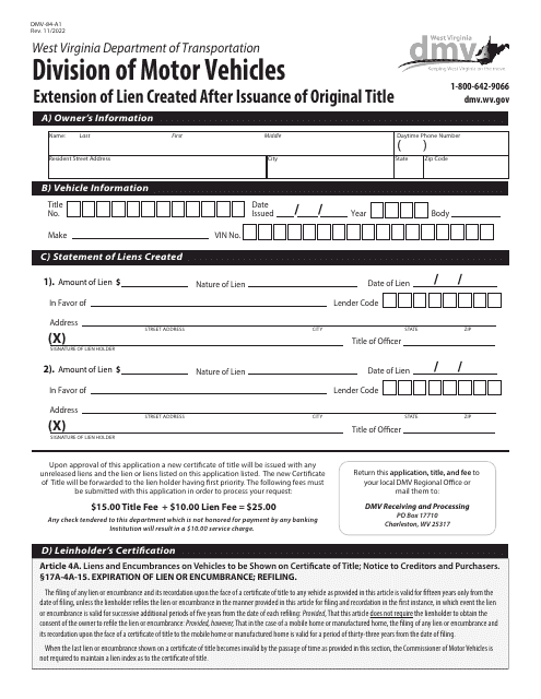 Form DMV-84-A1 Extension of Lien Created After Issuance of Original Title - West Virginia