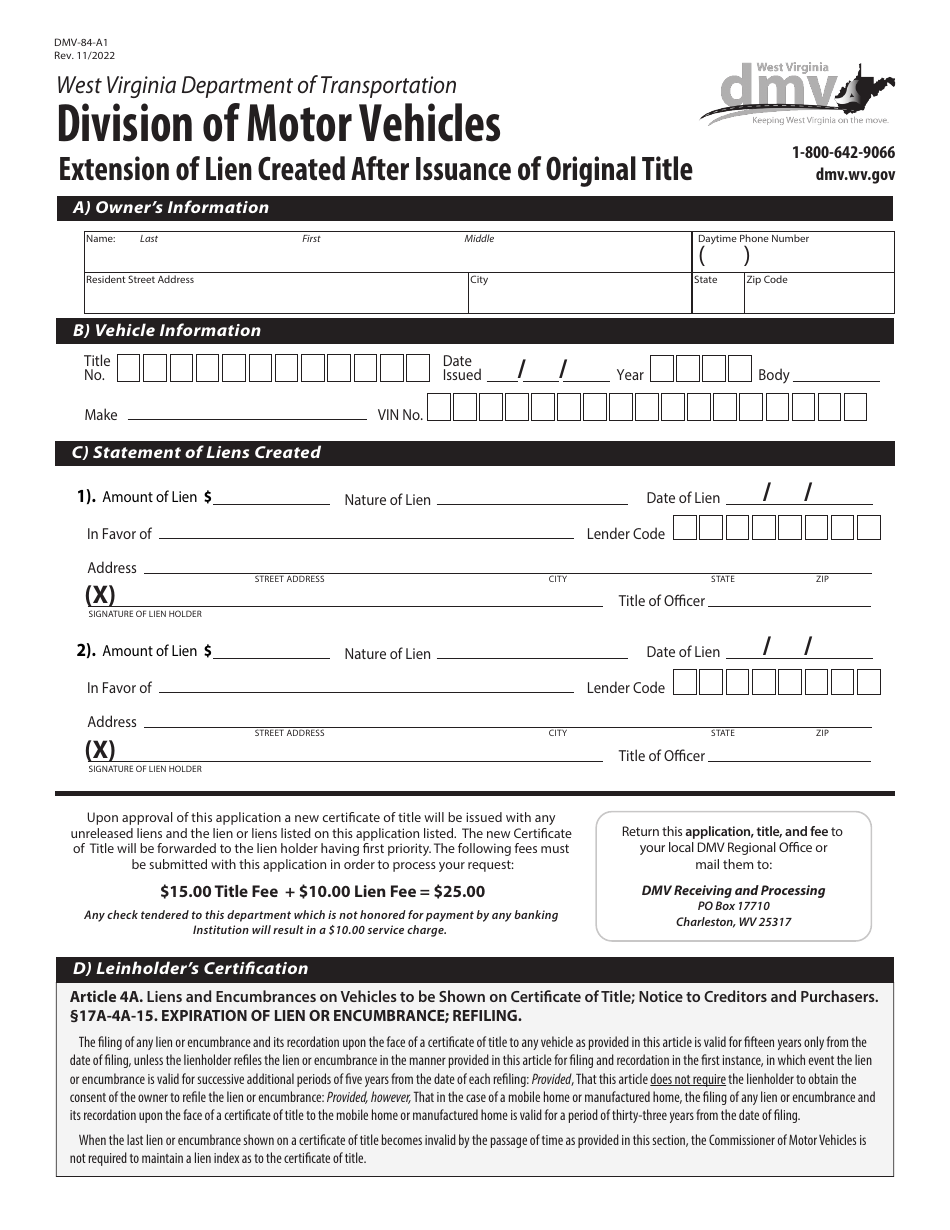 Form DMV-84-A1 Extension of Lien Created After Issuance of Original Title - West Virginia, Page 1