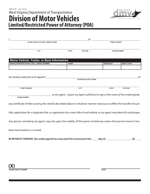 Form DMV-9-TR Limited/Restricted Power of Attorney (Poa) - West Virginia