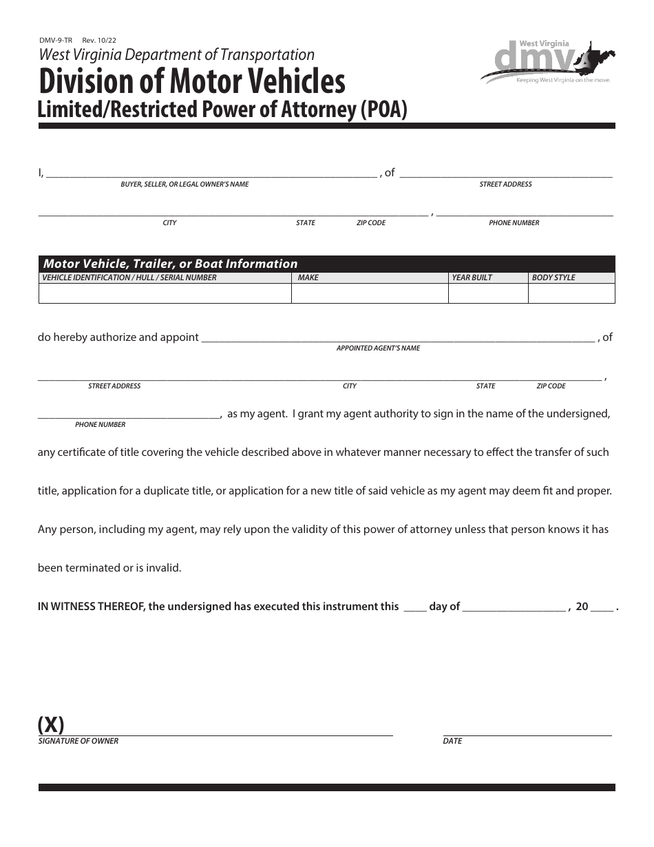 Form DMV-9-TR Limited / Restricted Power of Attorney (Poa) - West Virginia, Page 1