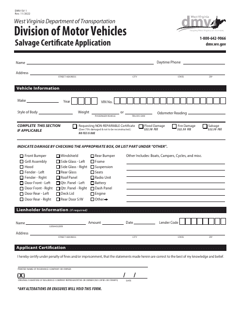 Form DMV-SV-1 Salvage Certificate Application - West Virginia