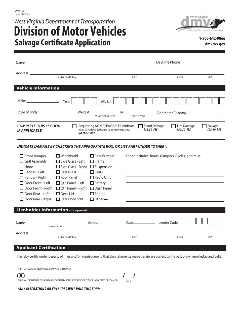 Form DMV-SV-1 Salvage Certificate Application - West Virginia, Page 1
